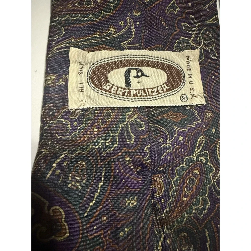 Bert Pulitzer Mens Silk Tie Purple Green Gold Paisley USA Classic Necktie